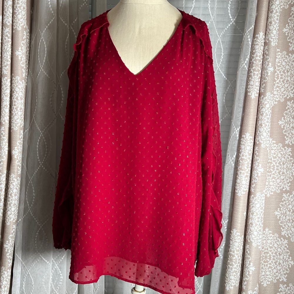 Belle by Kim Gravel Sheer Red V-Neck Blouse โ Size XL โ RN90133 ๐ธ